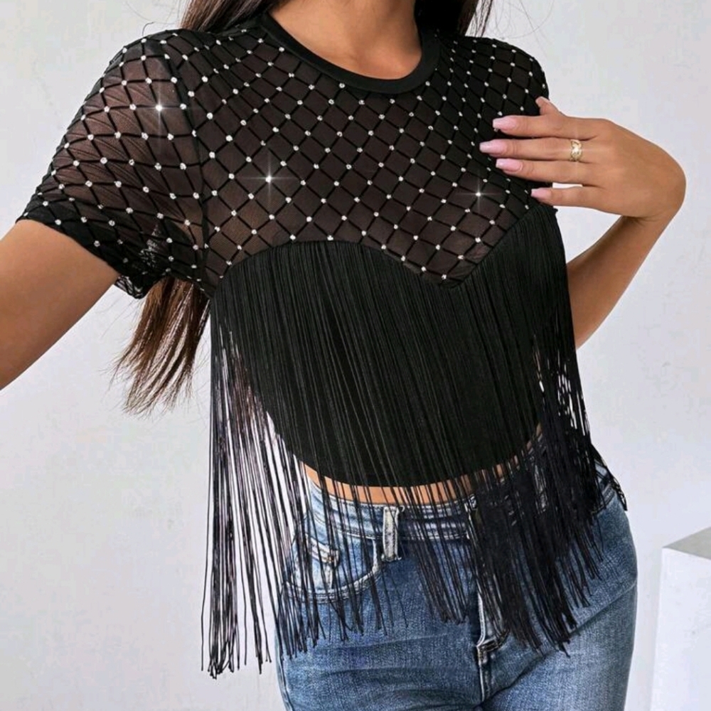 Women's Shimmer Fringes Sexy Cropped Top - Picture 3 of 5
